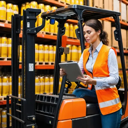 Prompt: woman operating a forklift that accommodates stacks of beer in a warehouse, the forklift has lights and a tablet on the dashboard