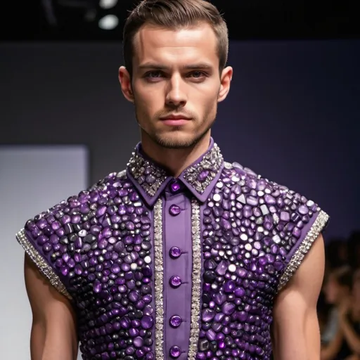 Prompt: Design a dress that is designed with small amethyst stones and a man model is wearing it. The top of different parts of the shirt is made of small stones. It is made of stones instead of a button. It should be in a fashion show.