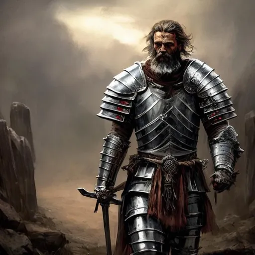 Prompt: Bearded Knight walking down ancient path, oil painting, rugged armor and weathered sword, mystical atmosphere, high quality, realistic, medieval, warm tones, dramatic lighting, detailed armor, epic fantasy, ancient, heroic stance, atmospheric lighting