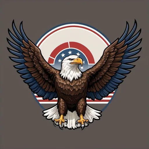 Prompt: Bald eagle logo with outstretched wings, majestic pose, United States, American flag colors on Bald Eagle, high quality, classic, symbolic, clean, realistic, detailed feathers, emblem, eagle, 1940s, patriotic, clean design, logo, United States, classic, symbolic, 1940s