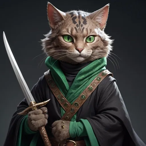 Prompt: A catfolk with green eyes turtleneck fur, lean complexion, wields a scimitar, wears a dark robe with a many eyes motif.