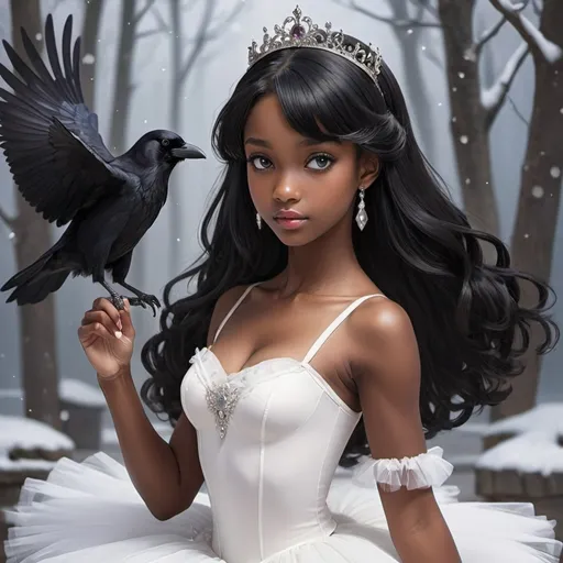 Prompt: A gorgeous dark skinned ballerina anime 1girl with raven black hair Snow White princess 