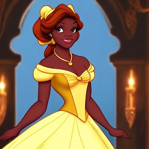 Prompt: Belle from beauty and the beast Disney dark skinned 
