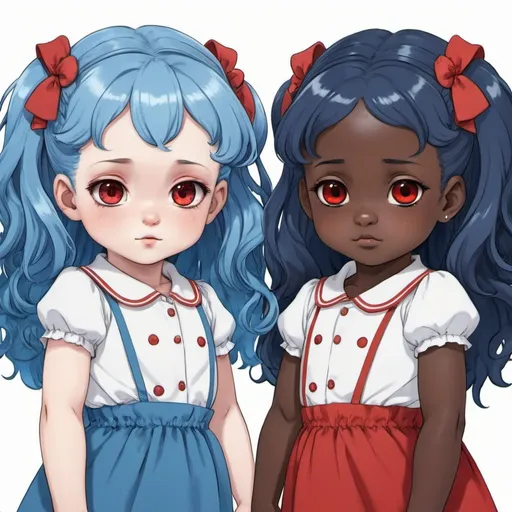 Prompt: Dark skinned and white skinned baby sisters with blue hair and red eyes Anime. Twins.