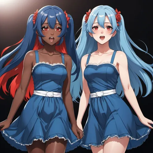 Prompt: Dark skinned and white skinned  sisters with blue hair and red eyes Anime. Twins.
2girls wearing dresses 
Idols singing 