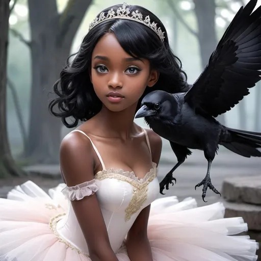 Prompt: A gorgeous dark skinned ballerina anime 1girl with raven black hair Snow White princess 