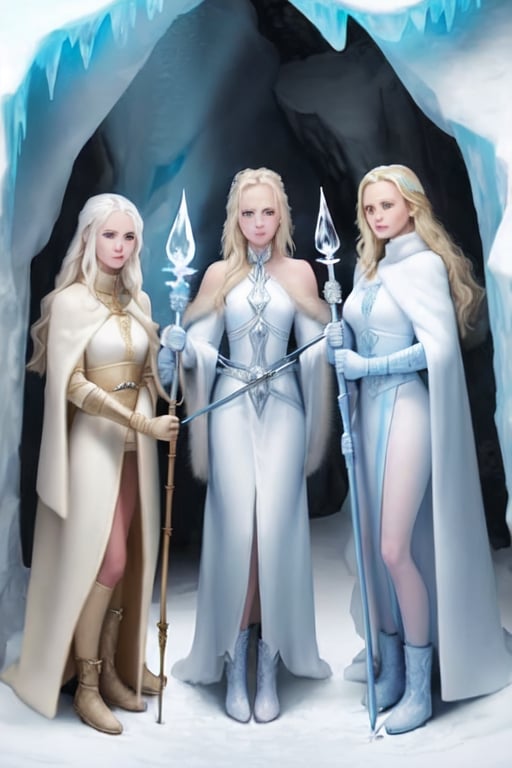 Prompt: Three women standing in an ice cave; the first woman is wearing fur jerkin, sandy blonde hair, holding a sword; the second woman is wearing white robes, platinum blonde hair, blue eyes, holding a bow and arrow; the third woman is wearing light blue robes, blonde hair, holding a staff.