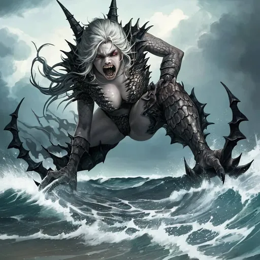 Prompt: Female with scaly pointed fingers, sharp teeth, screaming, stormy beach