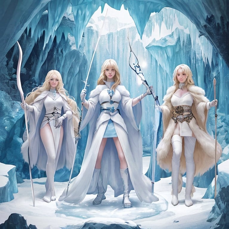 Prompt: Three women standing in an ice cave; the first woman is wearing fur jerkin, sandy blonde hair, holding a sword; the second woman is wearing white robes, platinum blonde hair, blue eyes, holding a bow and arrow; the third woman is wearing light blue robes, blonde hair, holding a staff.