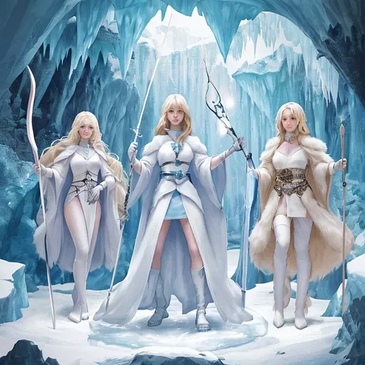 Prompt: Three women standing in an ice cave; the first woman is wearing fur jerkin, sandy blonde hair, holding a sword; the second woman is wearing white robes, platinum blonde hair, blue eyes, holding a bow and arrow; the third woman is wearing light blue robes, blonde hair, holding a staff.