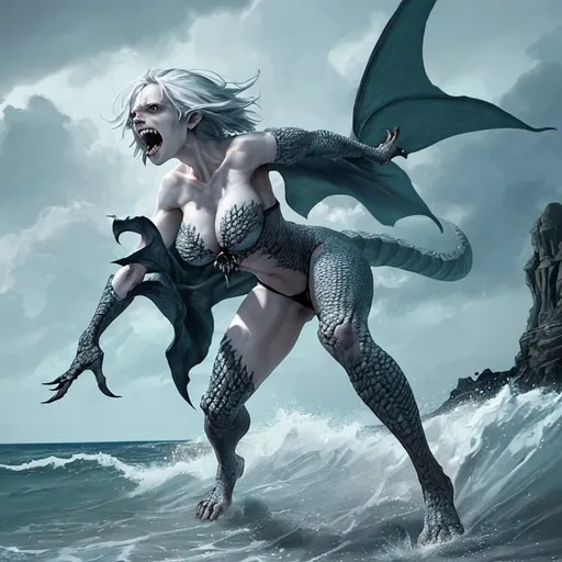 Prompt: Female with scaly pointed fingers, sharp teeth, screaming, stormy beach