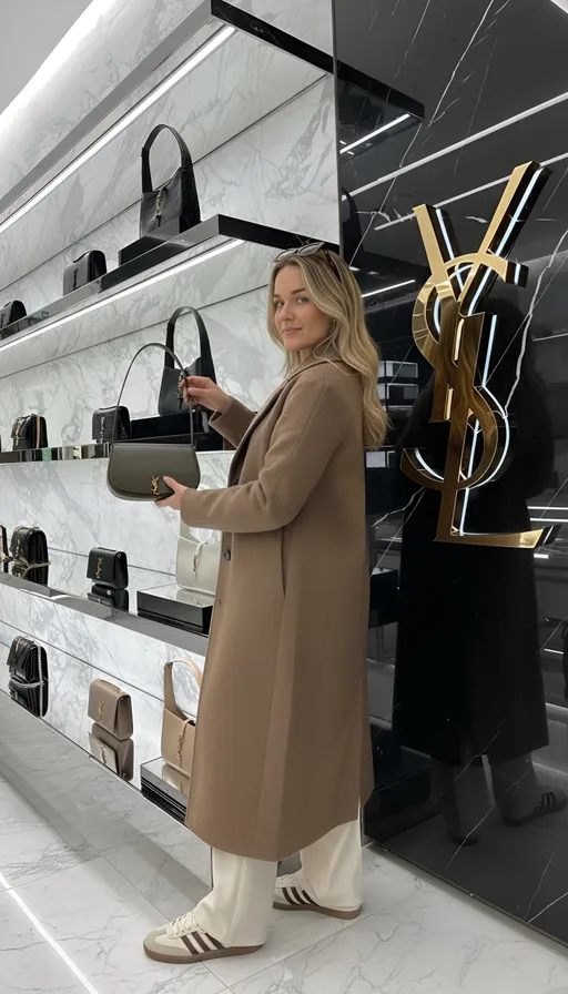 Prompt: Az OmniRef2 arca változatlan. A jelenet az OmniRef1 helyszínén játszódik, perspektíva és fény illesztve, valósághű árnyékok, 4K., oldalasan áll és levesz a polcról egy  'YSL' táskát, magabiztosan, a 3. képen levo képről visel mindent, 4k relisztikus, tiszta kép, természetes bőr 