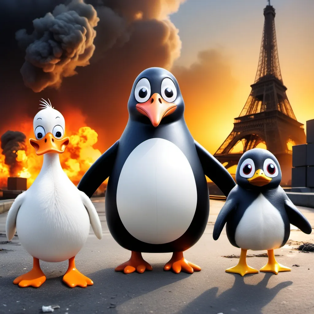 Prompt: Génère moi Pingu le pingouin, Oukiki le singe et Donald le canard en cavalier de l'apocalypse en image