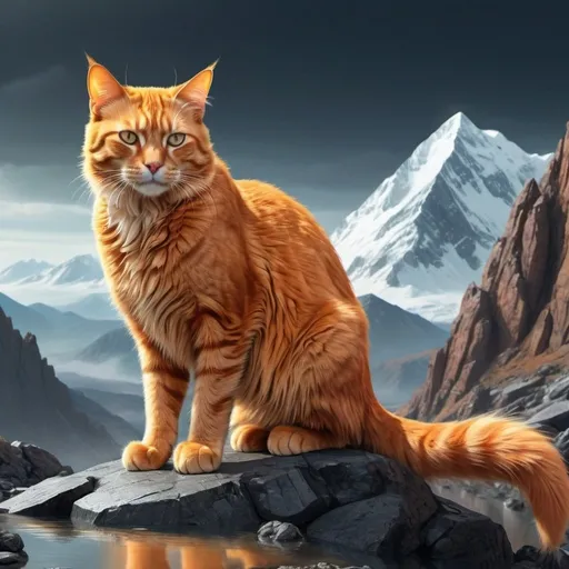Prompt: Detailed sci-fi illustration of a majestic orange cat, rugged mountainous terrain, futuristic technology integrated with natural elements, detailed fur with sleek reflections, intense and intelligent gaze, high-quality, sci-fi, futuristic, majestic, detailed fur, rugged terrain, professional, atmospheric lighting