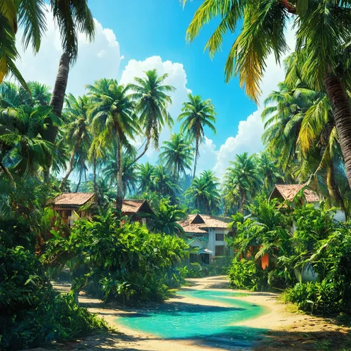 Prompt: Sci-fi artwork of a vibrant village with abundant coconut trees, windows lock screen, 4k, ultra-detailed, sci-fi, futuristic, tropical, village with coconut trees, high-tech futuristic village, lush greenery, detailed coconut trees, vibrant colors, futuristic technology, tropical setting, windows lock screen, professional, atmospheric lighting