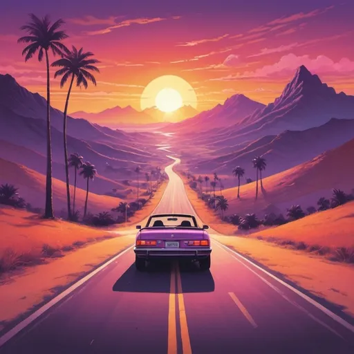 Prompt: Create a vibrant album cover art depicting a car driving on an open road towards a breathtaking sunset. The sky should be a blend of warm hues—orange, pink, and purple—casting a golden glow on the landscape. The car's taillights should be visible, adding a sense of motion and adventure. Include subtle details like silhouettes of distant mountains, palm trees, and a winding road that symbolise the journey ahead.