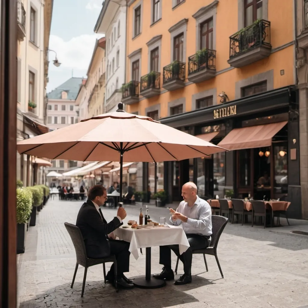 Prompt: Two people enjoying a great lunch sitting at an outside table under an umbrella in a fancy restaurant by the city center