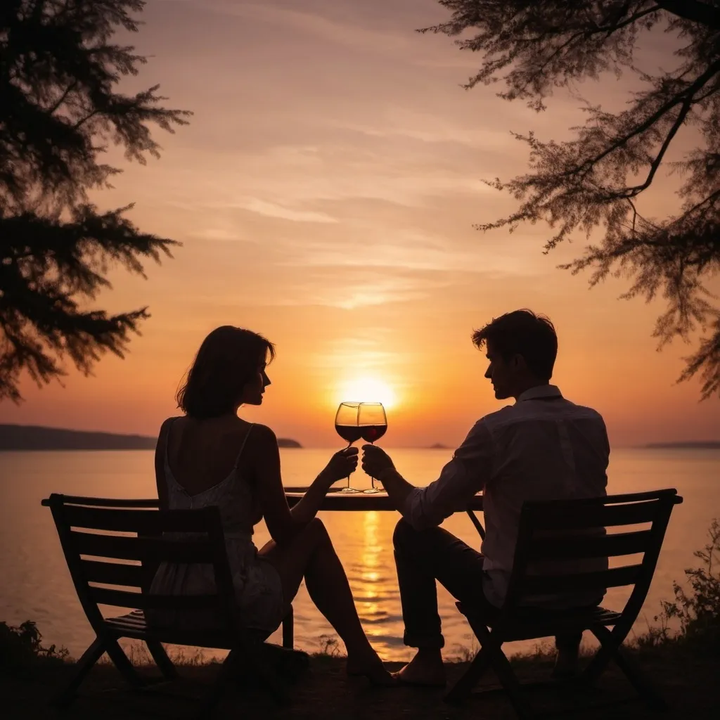 Prompt: A romantic sunset with a silouhoutte two people sitting close to each other and watching the sunset with wine in their hands