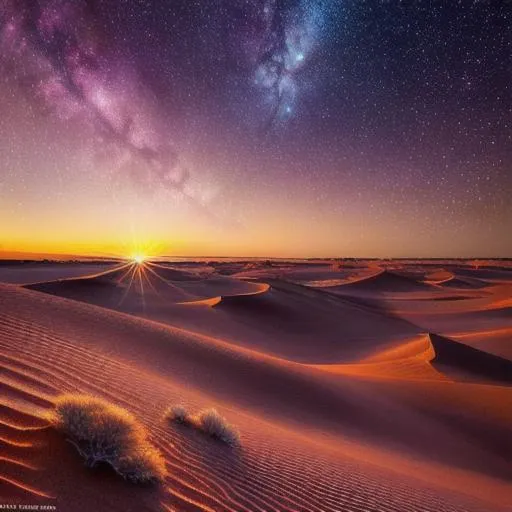 Prompt: Intricate fractal details. desert background. Iridescent colors. shimmer. Highly detailed. Cinematic. 3d. a majestic scene of twilight in the Australian outback. stars and crescent moon visible.
