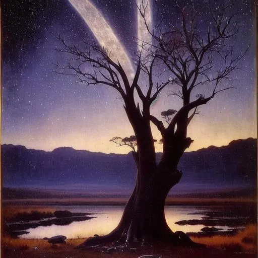 Prompt: a majestic scene of twilight in the Australian outback. stars and crescent moon visible. symbolist painting.