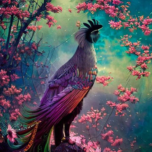 Prompt: A majestic rooster. Intricate fractal details. spring garden background. Art by  Robert Bissell, ismail inceoglu, Victo Ngai, Sherry Akrami, Anna Dittman, Lucie Bilodeau, Laura Diehl, catrin welz-stein, Paul Delaroche. Iridescent colors. Shimmer. Highly detailed. Cinematic, polished finished. 3d.  