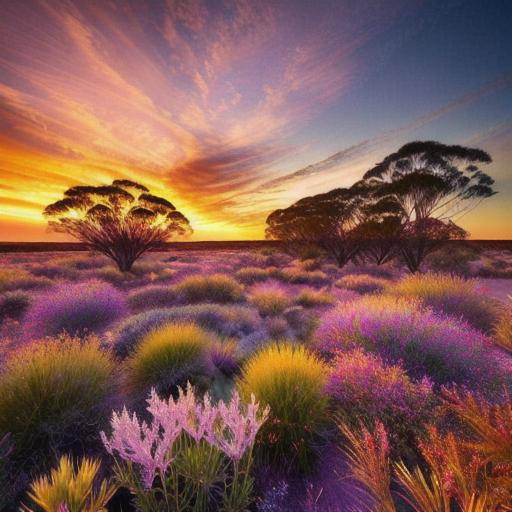 Prompt: Intricate fractal details. spring garden background. Iridescent colors. shimmer. Highly detailed. Cinematic. 3d. a majestic scene of twilight in the Australian outback.