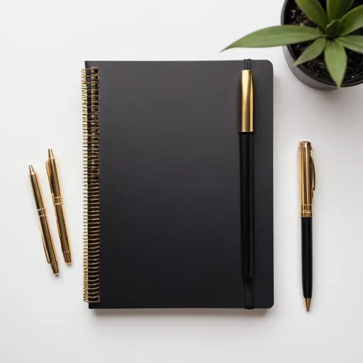 Prompt: Jet Black cover, gold spiral notebook with gold pen on the notebook on white background 