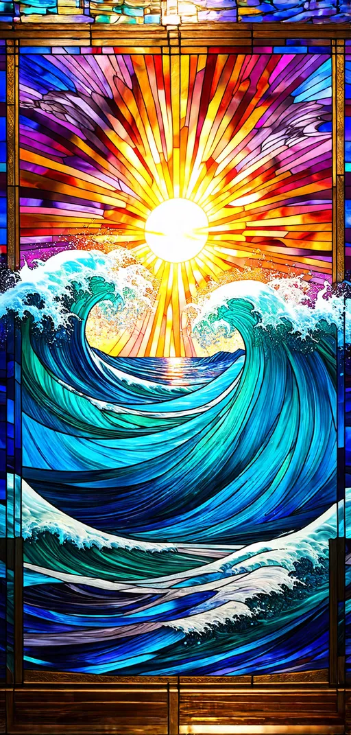 Prompt: Stained glass ocean waves and sun set rays, fantasy art, intricate details, vibrant colors, ethereal lighting, mystical atmosphere, intricate patterns, high quality, fantasy, stained glass art, ocean waves, sun rays, vibrant colors, ethereal lighting, mystical atmosphere, intricate patterns
