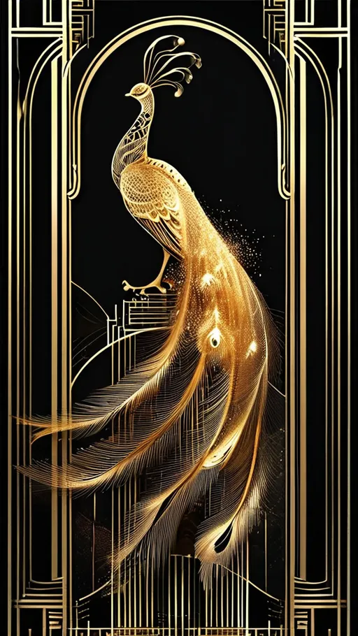 Prompt: (art deco style), magical gold peacock feather, striking contrast, deep black background, ornate patterns, geometric shapes, luxurious aesthetic, vivid golden tones, intricate details, elegant composition, captivating shimmer, high-quality design, celebrates opulence and sophistication, artistic masterpiece, visually stunning allure.