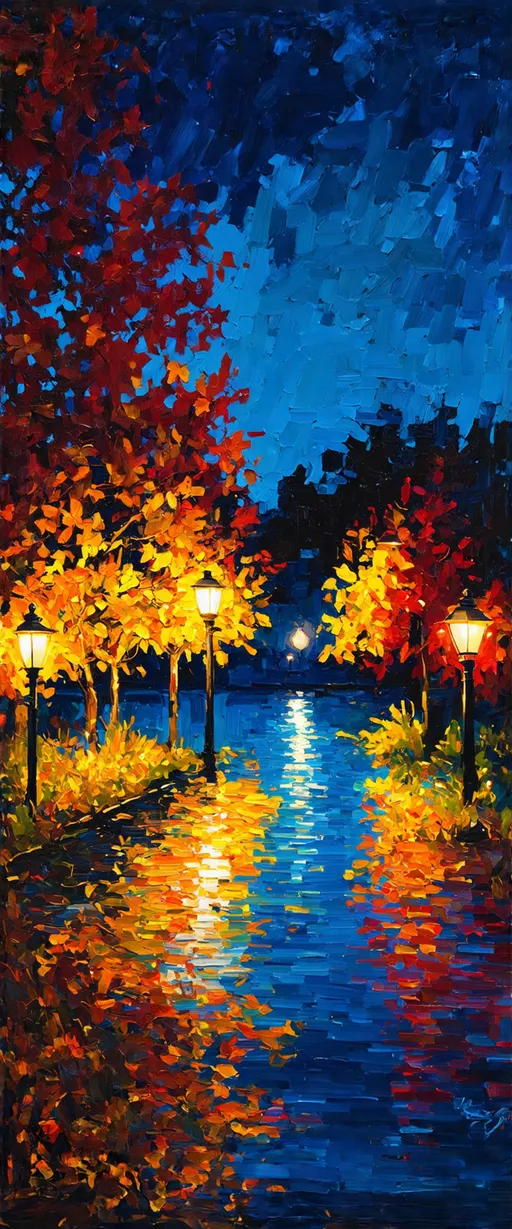 Prompt: (impressionist art), contemporary art, fall trees, night lamps, blue lake, vibrant color scheme, warm oranges and reds, deep blues, glowing streetlights, reflections in the water, artistic brushstrokes, dreamy atmosphere, serene and tranquil mood, soft lighting, detailed textures, high quality, 4K, ultra-detailed, intricate details in leaves and water reflections, captivating scenery, night-time setting.
