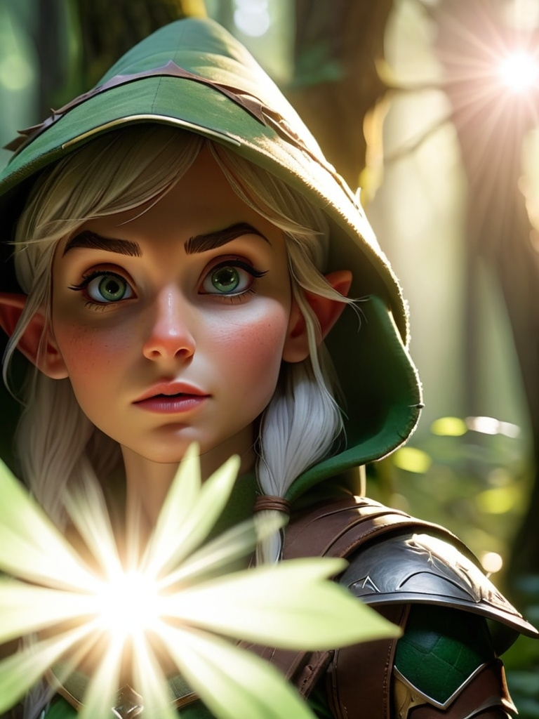 Prompt: Elf ranger in a mystical forest around sunlight