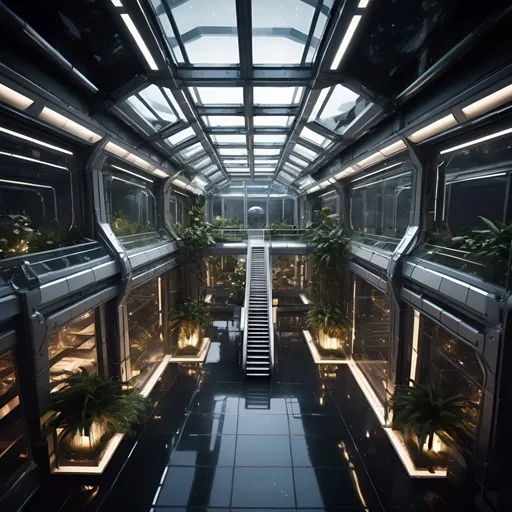 Prompt: Enormous futuristic space station entrance at night seen inside, from above, metallic architecture, glass roof, big windows, plant decorations, warm artificial illumination, views to dark exterior space, night scene, highres, ultra-detailed, futuristic, architectural, warm lighting, interior, detailed glass panels, grand scale, spacious design, modern