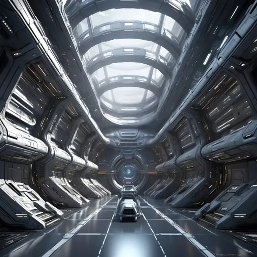 Prompt: Enormous futuristic space station, metallic, complex architecture, hall of entrance, detailed, highres, sci-fi, futuristic, professional, grey, complex design, grand scale, intricate details, massive structure, sleek and modern, space exploration, hi-tech, vast and imposing, epic sci-fi scene, striking angles, space-age aesthetic, interior, low light