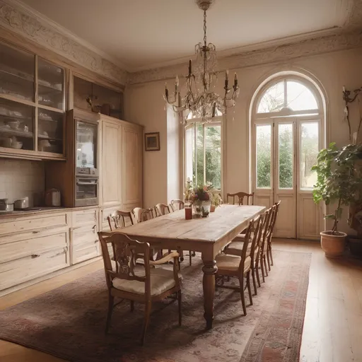 Prompt: Luxurious vintage kitchen in an old mansion, spacious wooden furniture, modern fridge, big door to a garden, big family dining table, high quality, detailed, spacious, luxurious, vintage, warm tones, ample lighting