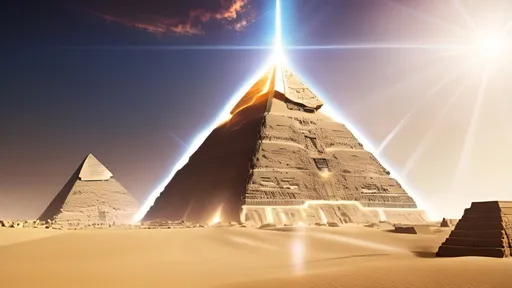 Prompt: Futuristic spaceship shooting a pyramid in Egypt, sci-fi, ancient vs future, intense energy beams, dramatic lighting, massive destruction, detailed pyramid structure, highres, ultra-detailed, sci-fi, ancient, dramatic lighting, futuristic, intense energy beams
