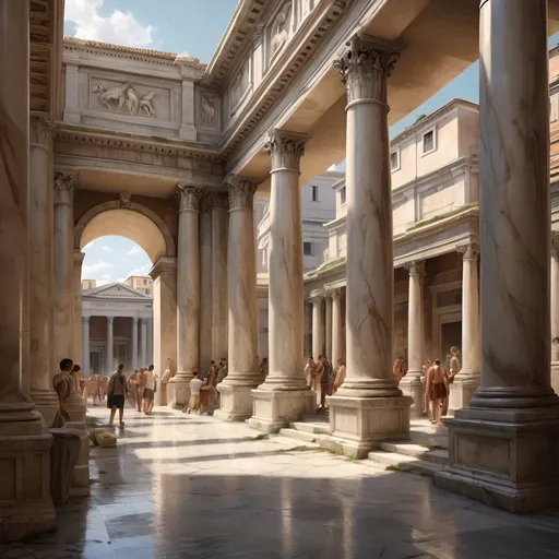 Prompt: Ancient Rome public bathrooms, realistic, marble structures, bustling crowds, high quality, detailed realism, classical art style, warm tones, natural lighting