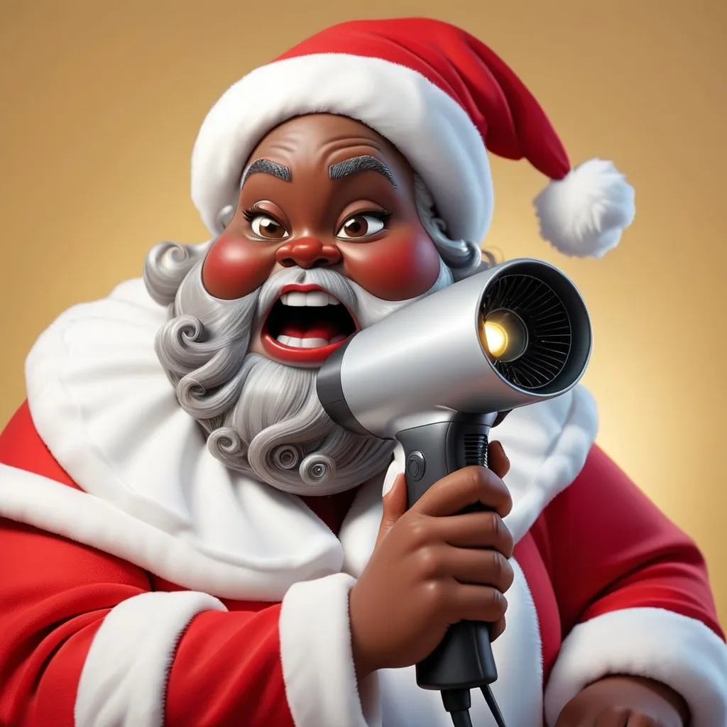 Prompt: a chubby fun cartoon looking black Santa with a blow dryer in his hand doing a quick weave on Mrs. Clause