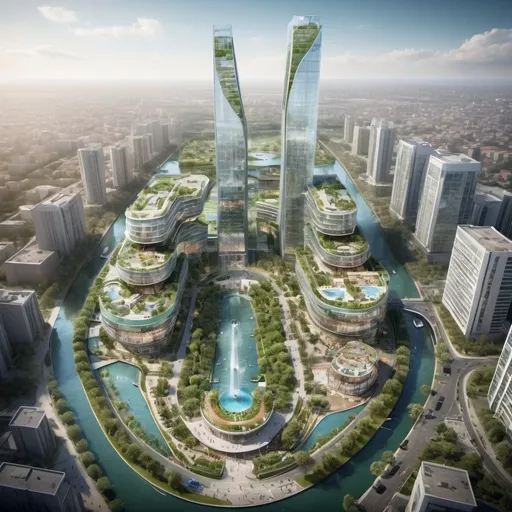 Prompt: realistic ariel photo a city masterplan with central water canal, lake and surrounded with major international shopping mall five story tall, glass facade and three five star hotels with 25 to 40 story tall. surrended with green spaces and public spaces and people.