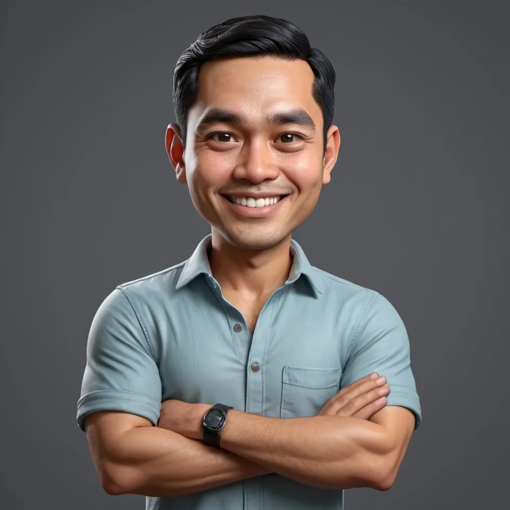 Prompt: A very detailed and super realistic 3D caricature image of a 30 year old Indonesian man with black Side Part hair, without mustache and beard, his eyebrows are not too thick, his face is oval, his expression is happy and smiling slightly, his arms are crossed wearing a skyblue shirt, wearing khaki pants, posing enthusiastically . The background should be an orange gradient. Use soft photography lighting with hair lights, edge lights, and top lights. Photo with very high detail