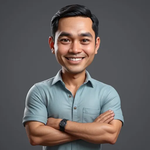 Prompt: A very detailed and super realistic 3D caricature image of a 30 year old Indonesian man with black Side Part hair, without mustache and beard, his eyebrows are not too thick, his face is oval, his expression is happy and smiling slightly, his arms are crossed wearing a skyblue shirt, wearing khaki pants, posing enthusiastically . The background should be an orange gradient. Use soft photography lighting with hair lights, edge lights, and top lights. Photo with very high detail