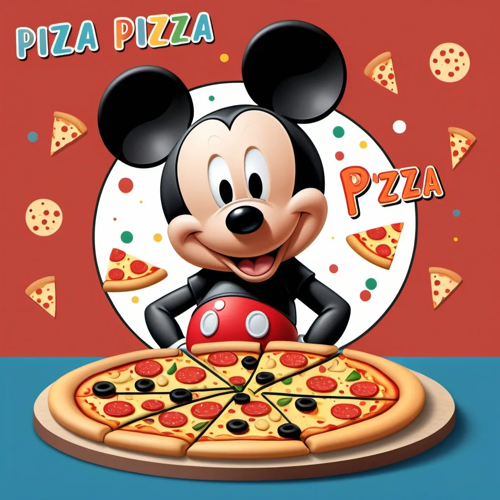 Prompt: Create birthday invitation card with Mickey Mouse eating pizza background, 1 year old, Place: "Pizza Krisspys La Mascota", date: "Saturday September 28, 2024", time: "5 pm"