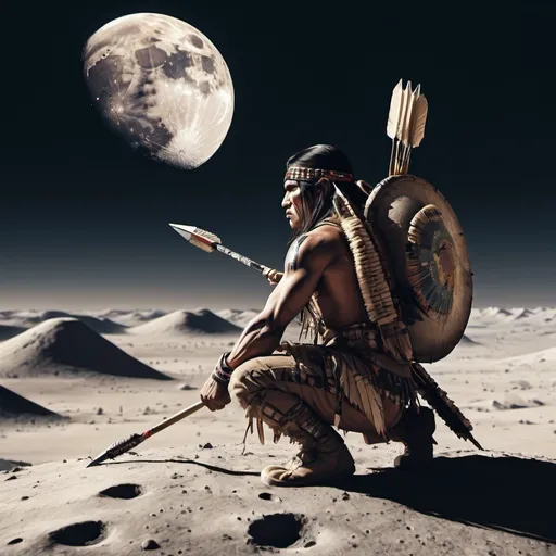 Prompt: the moon surface with an apache warrior squatting as though to shoot at arrow at the earth which is in the distance