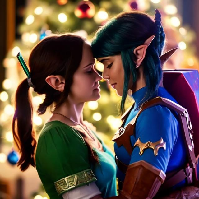 Prompt: Real life human Zelda and Link lesbians kissing in front of Christmas tree. Zelda and link have brown skin. 