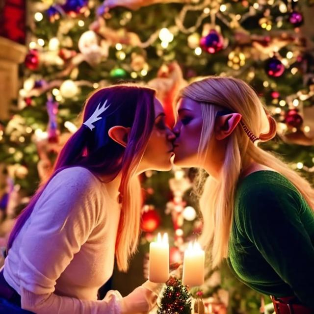 Prompt: Real life human Zelda and Link lesbians kissing in front of Christmas tree