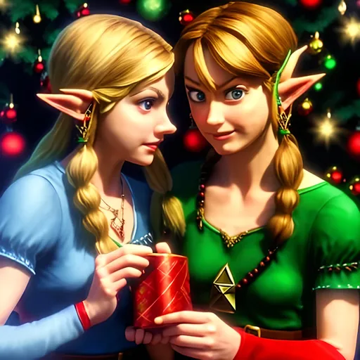 Prompt: Realistic holiday portrait of Zelda and Link as a lesbian couple who are celebrating Christmas together. 