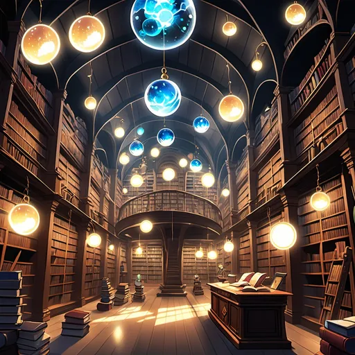 Prompt: a vast wizards library in a more anime style with floating globes of light and various nick nacks 