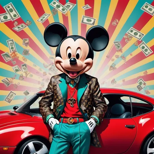 Prompt: Mickey mouse wearing louis vuitton and gucci. Smoking cigar. Lots of money, big brands background. Sport car. Pop art. Trippy. 