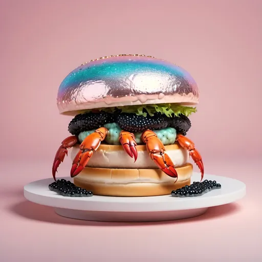 Prompt: Pastel colors luxury hamburger with lobsters and caviar. Hologram sparkling colors.