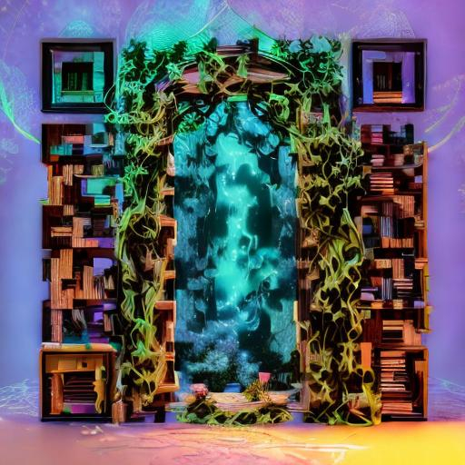 Prompt: A mysterious door, seemingly made of intertwined vines and ancient runes, unveiling a magical bookstore nestled in an enchanted forest, with books suspended in mid-air, glowing with ethereal light, emphasizing the magical atmosphere, 3D rendering, using ray tracing for realistic lighting, 