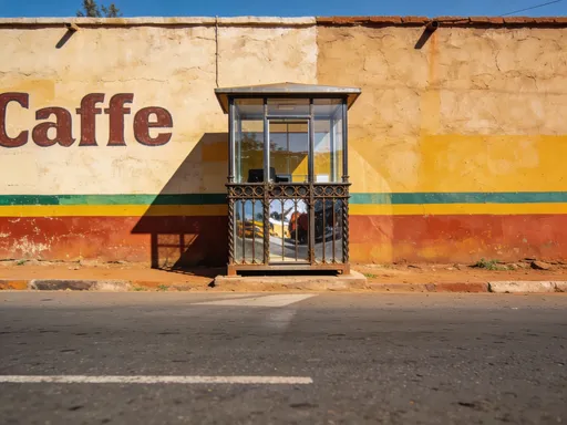 Prompt: Wide shot, eye-level perspective of a roadside scene in Mekelle, Ethiopia. Subject: A small glass and iron traffic control booth. Backdrop: A flat, textured cafe wall painted in vibrant colors. Foreground: A clean asphalt road, devoid of cars. Lighting: Bright noon sun, clear sky. This is a static background plate for a film composite. High detail on metal frames and glass reflections.[1] No motion blur, sharp focus throughout. --style raw